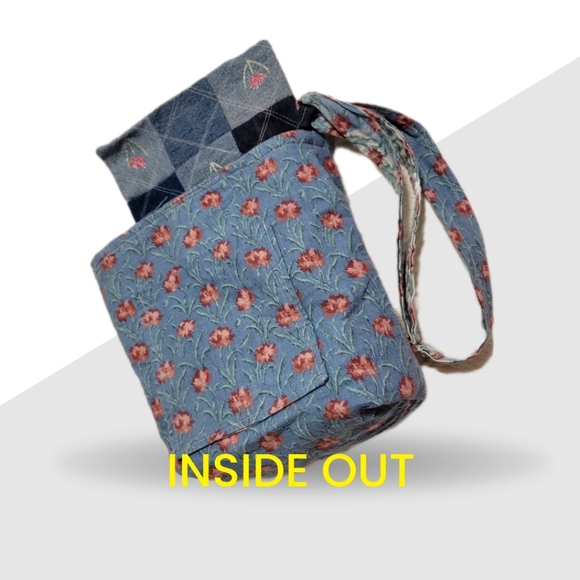Upcycled Shades of Blue Jean patchwork pattern with one snap flap closure - Picture 5 of 5
